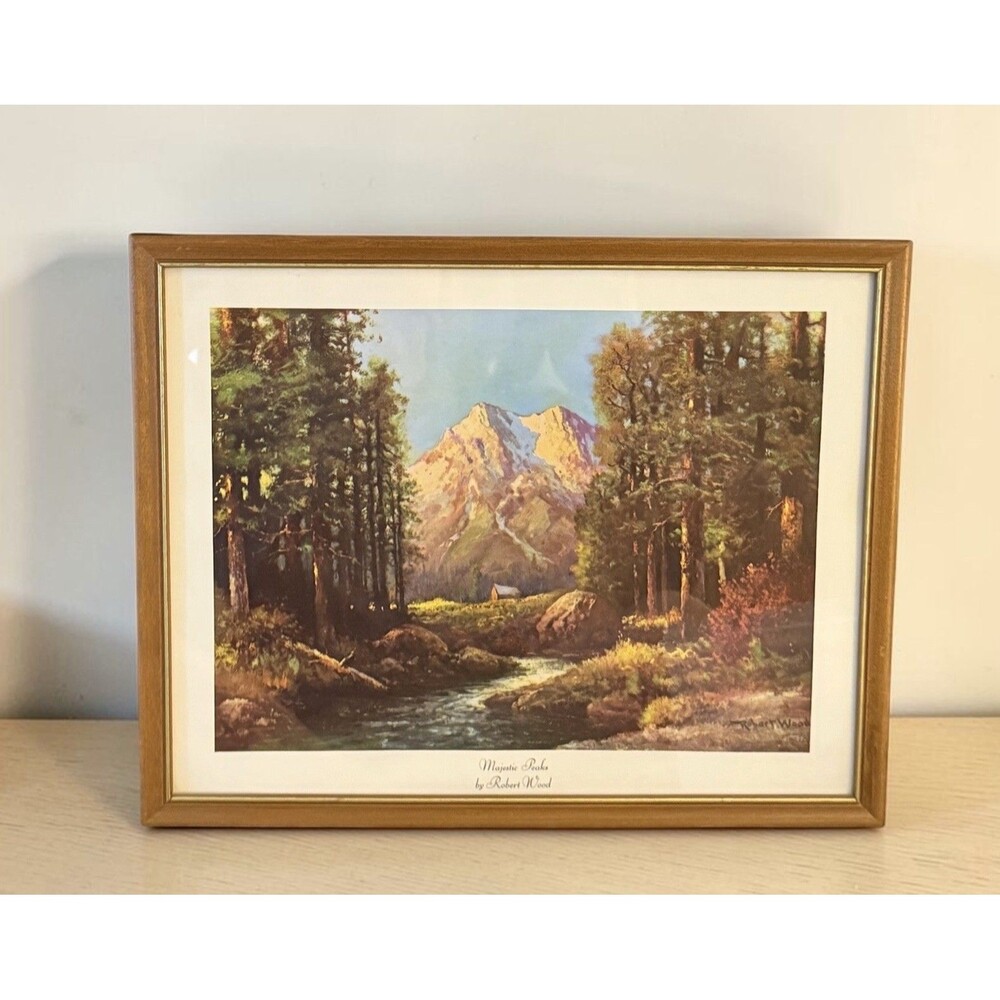 Vtg Robert Wood Art Lithograph Majestic Peaks Landscape Wood Framed Print 1950s